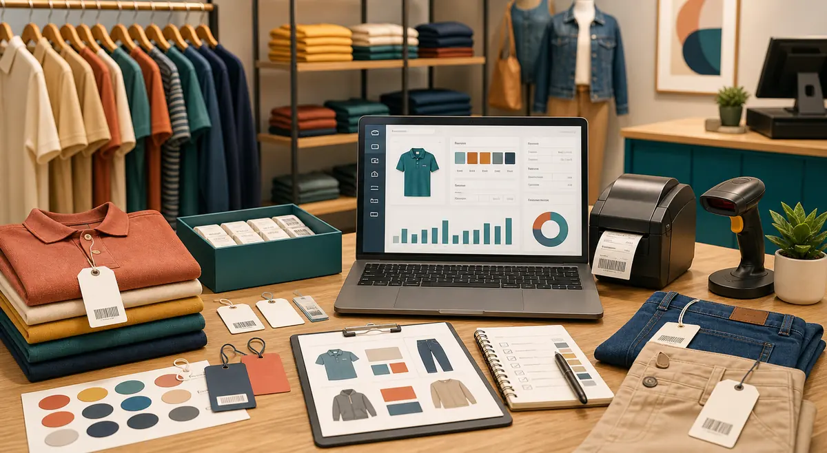 Ilustração editorial de loja de roupa com grade de tamanhos, cores, etiquetas, ERP e estoque.