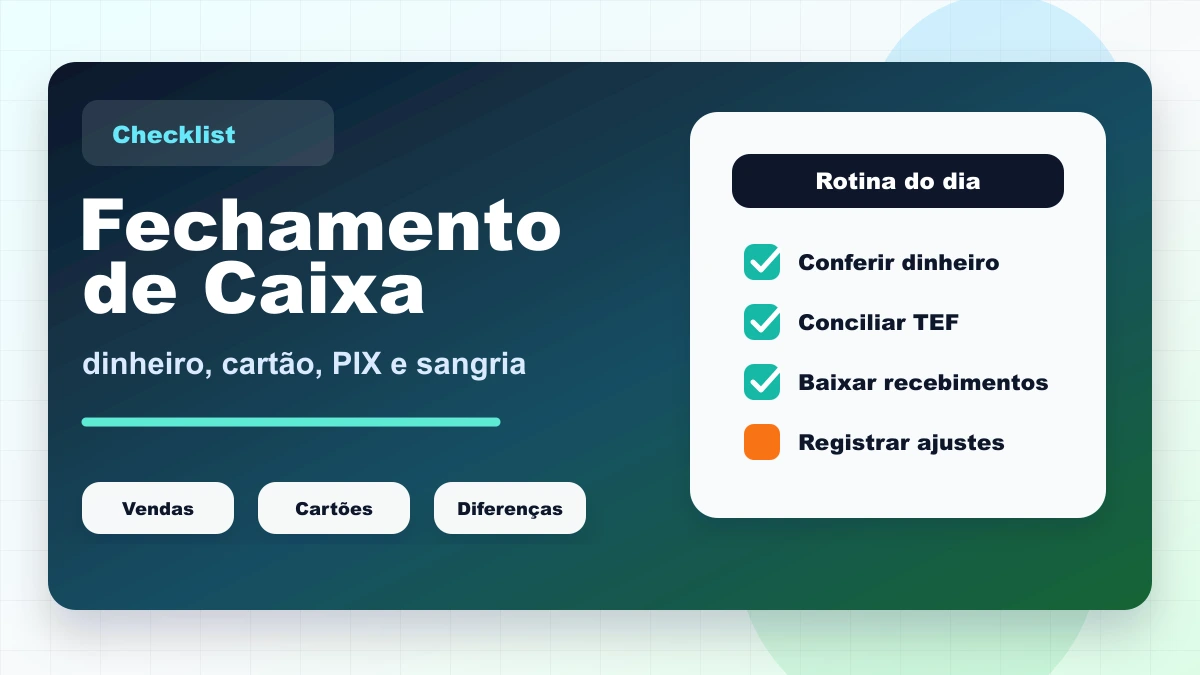 Capa ilustrada do checklist de fechamento de caixa com etapas de vendas, cartões, PIX e diferenças.