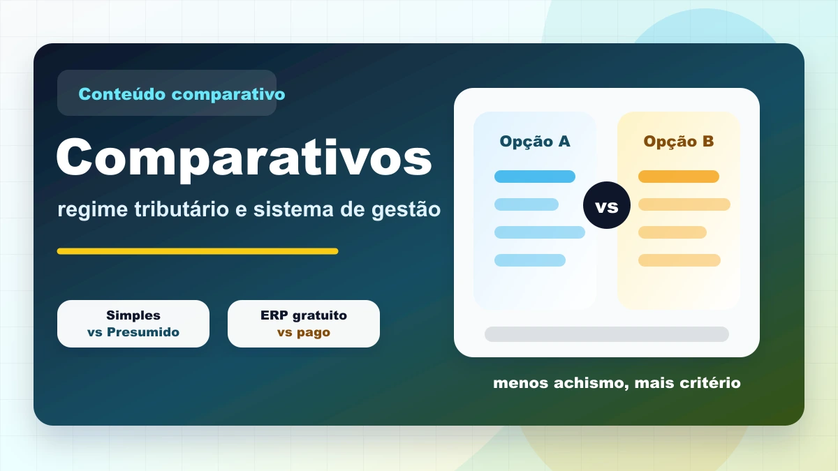 Capa comparativa com duas colunas mostrando Simples versus Lucro Presumido e ERP gratuito versus ERP pago.