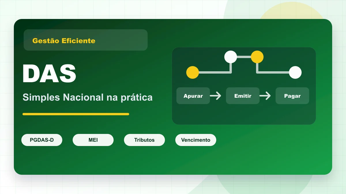 Capa gráfica sobre DAS do Simples Nacional, conectando apuração, emissão e pagamento.