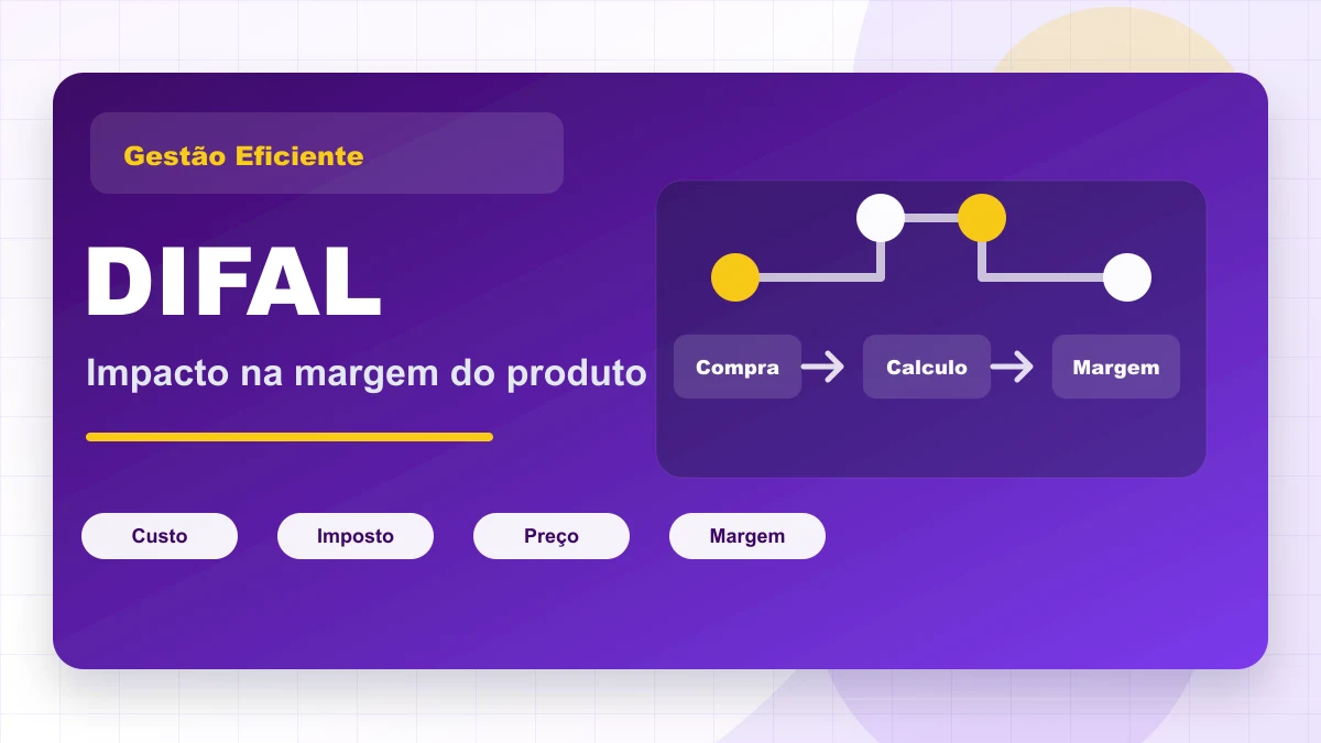 Capa gráfica sobre DIFAL e impacto na precificação, conectando compra, imposto e margem.