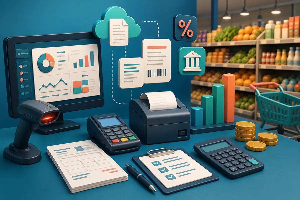 Ilustração de documentos fiscais eletrônicos, checkout, ERP e prateleiras de mercado.