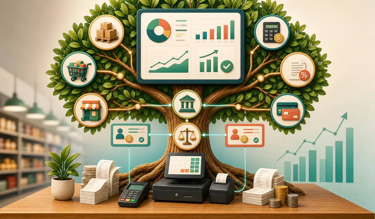 Ilustração editorial de uma árvore de gestão financeira conectando caixa, conciliação, contas, estoque, despesas e DRE.