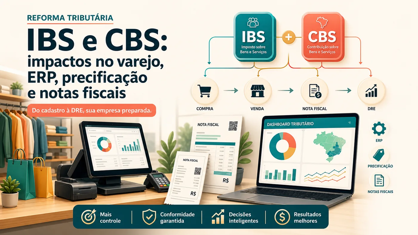 Ilustração editorial sobre IBS e CBS conectando nota fiscal, ERP, precificação, varejo e DRE.