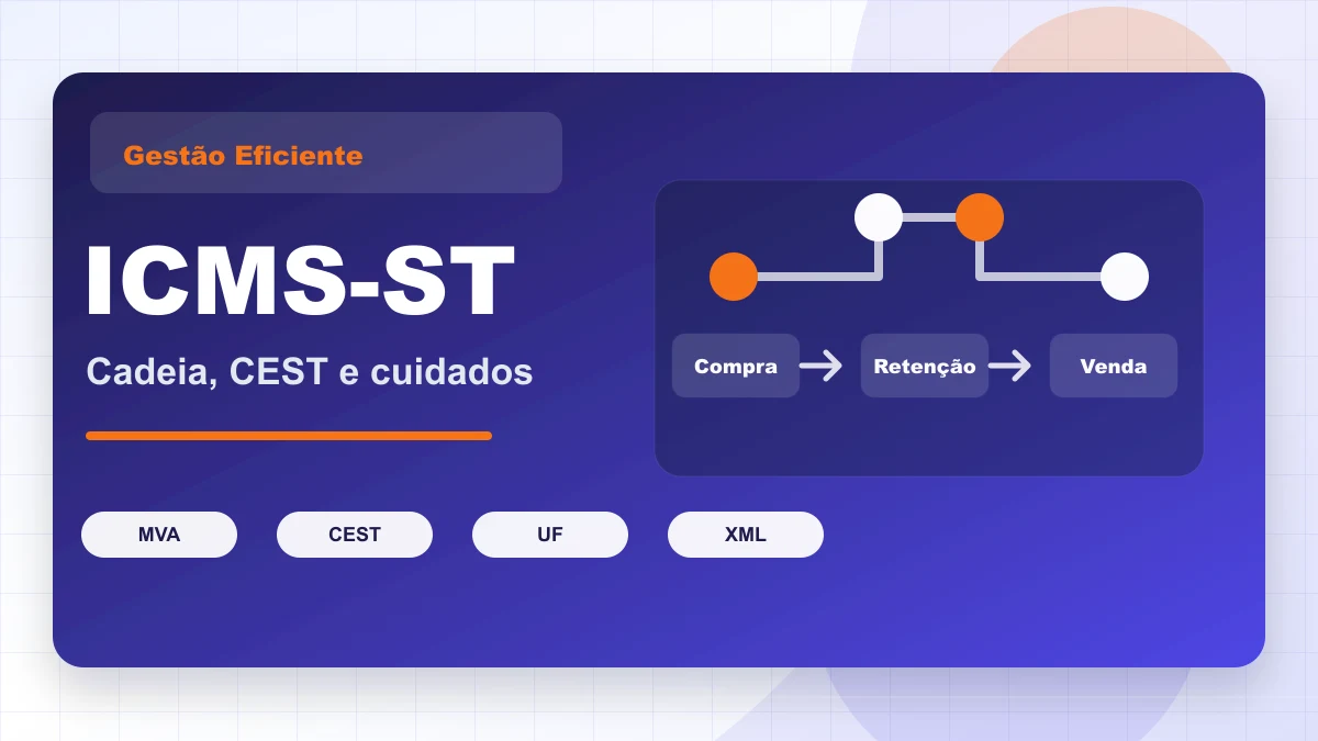 Capa gráfica sobre ICMS-ST, com cadeia de compra, retenção, venda, CEST e UF.