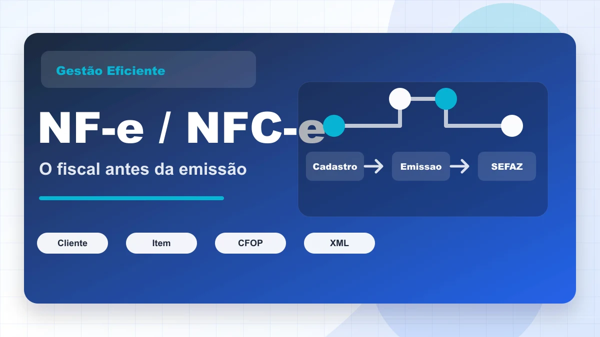 Capa gráfica sobre NF-e, NFC-e e ERP, com cadastro, emissão, SEFAZ e XML.