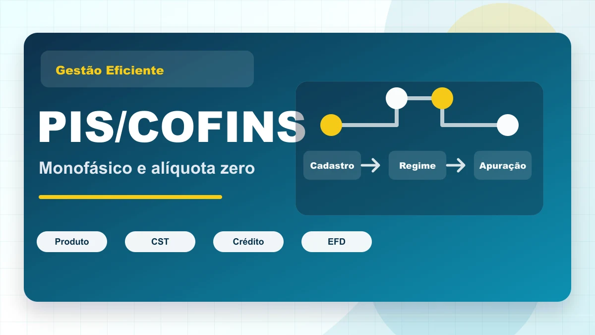 Capa gráfica sobre PIS/COFINS monofásico e alíquota zero, com fluxo de produto, CST, crédito e EFD.