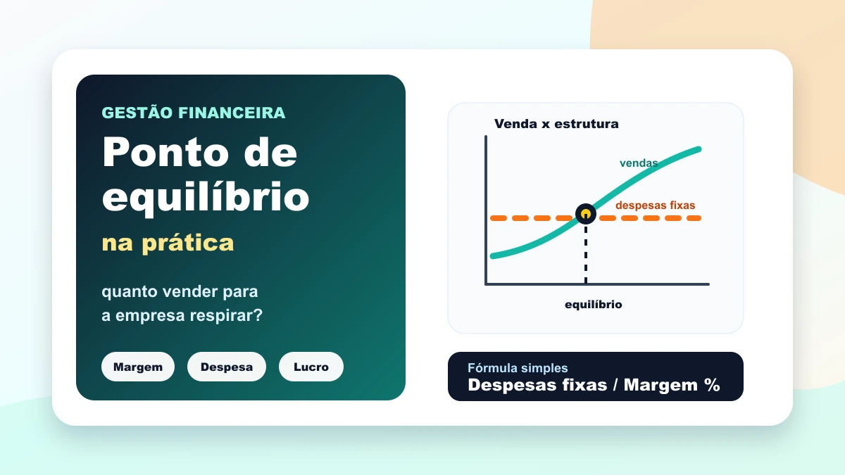 Capa sobre ponto de equilíbrio na prática, com gráfico de vendas cruzando despesas fixas.