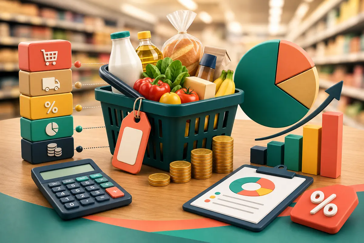 Ilustração de precificação no varejo com etiqueta de preço, calculadora, cesta de produtos e gráfico de margem.