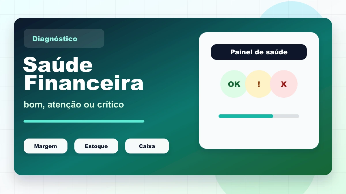 Capa sobre saúde financeira por indicadores com sinais bom, atenção e crítico.