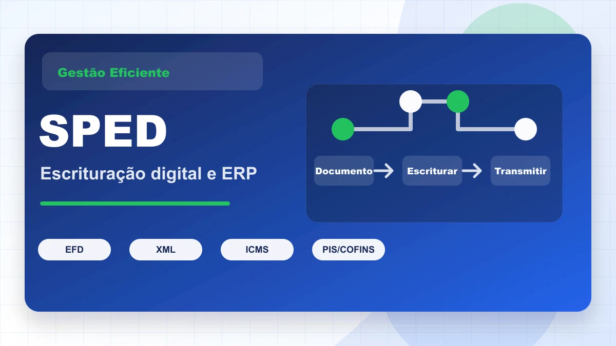 Capa gráfica sobre SPED, conectando documentos fiscais, escrituração digital e transmissão.