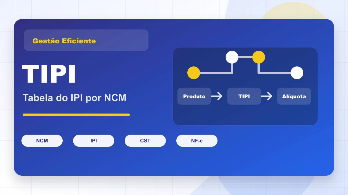 Capa gráfica sobre TIPI, conectando NCM, IPI, CST, NF-e e alíquota.